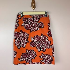 Anthropologie Orange Floral Pencil Skirt with Burgundy and Cream Flowers